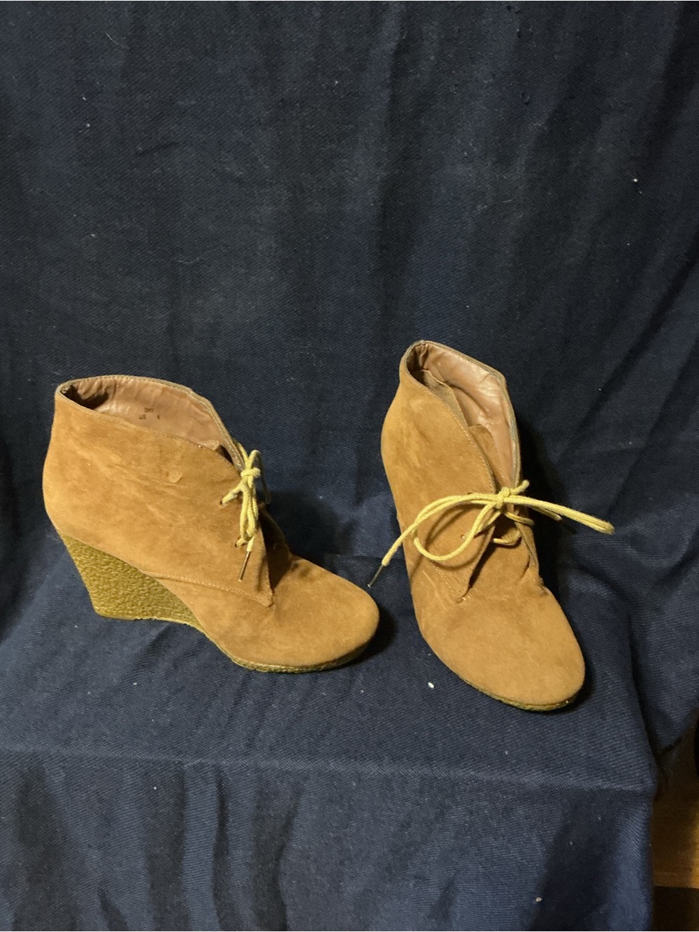 Shoe Dazzle Tan Suede Lace-Up Wedge Booties